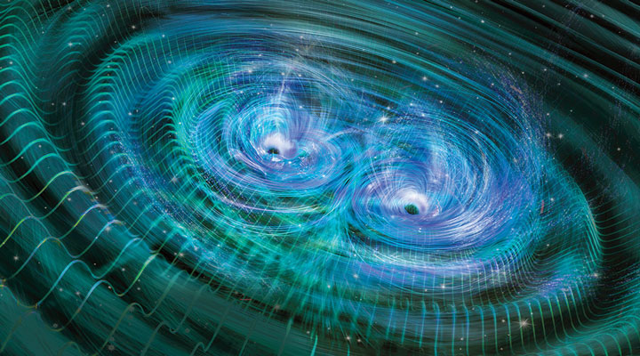 Image of two black holes producing ripples in space