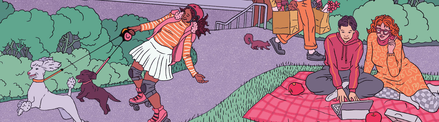 Illustration of people in a park, walking dogs, having a picnic