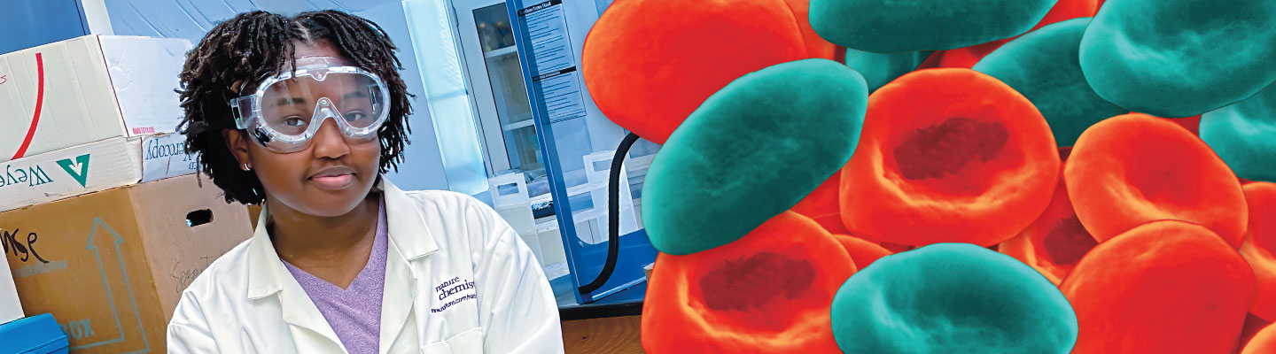 Image of red blood cells and sickle cells and image of a teen in a lab coat