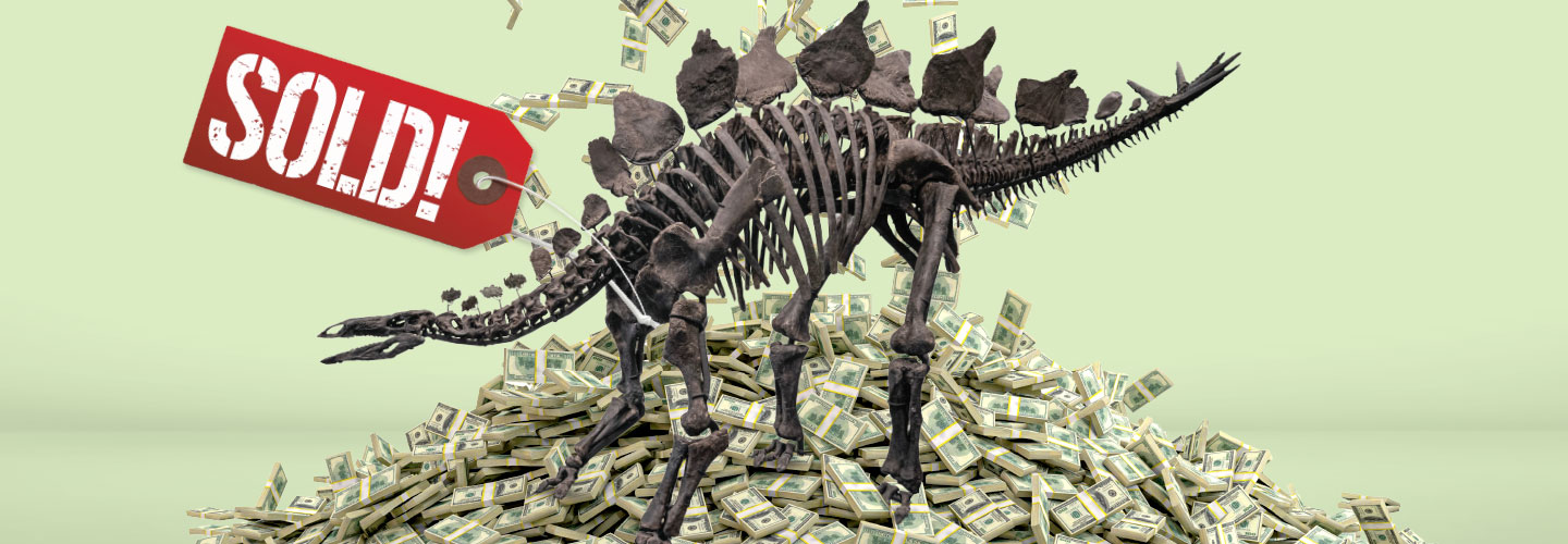 Image of a stegosaurus fossil on pile of money with tag, "Sold!"